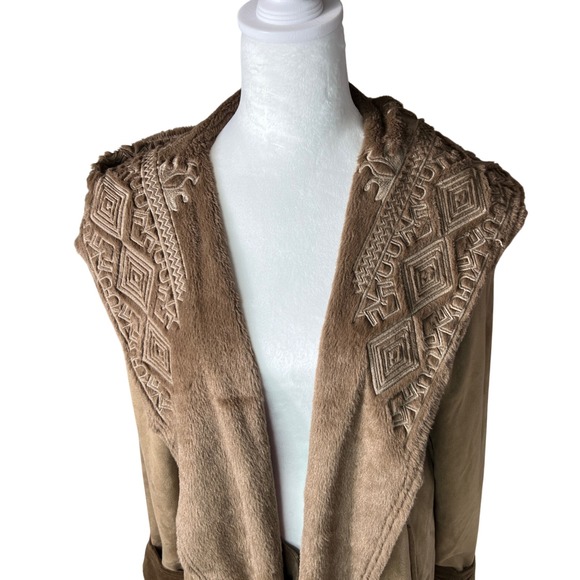 Sweet Jane Embroidered Hooded Faux Suede Fleece Lined Open Front Jacket Coat - Picture 10 of 15